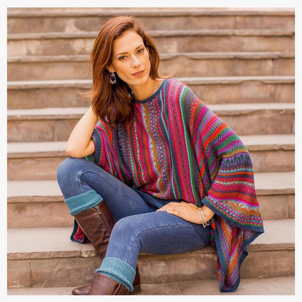 Novica Fair Isle Knit Alpaca Blend Sweater S/M oversized  batwing Kimono Sleeve